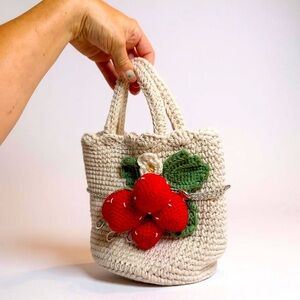 ✨ Handcrafted Cream Crochet Bag with Red Accents